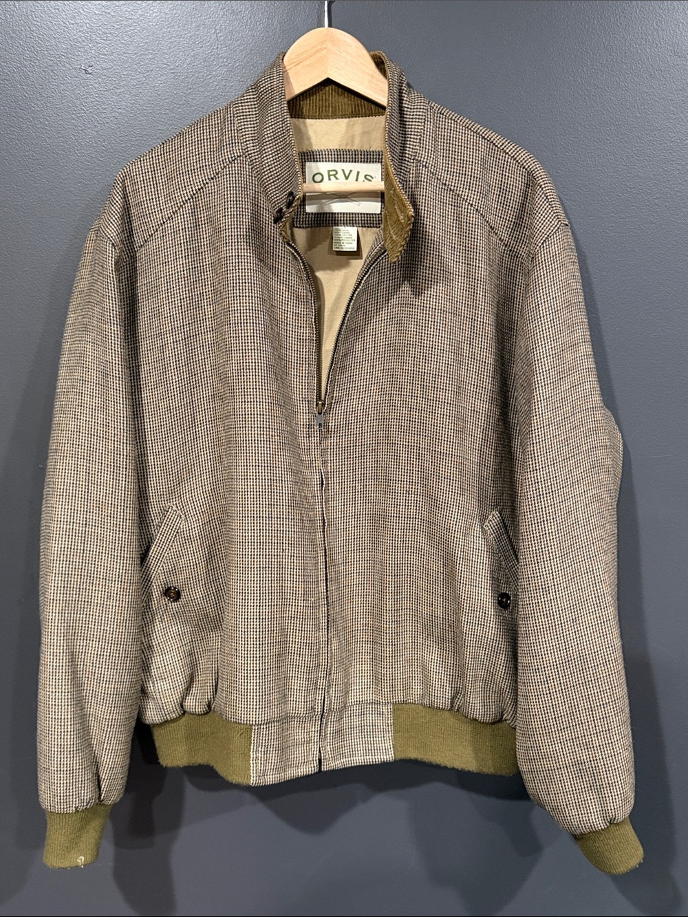 Orvis Men's Tan Houndstooth Bomber Jacket Large